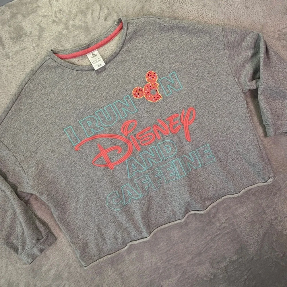 Disney Women Sweatshirt L Gray I Run On Disney An Caffeine Drop Shoulder Raw Hem - Picture 1 of 7